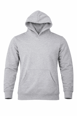 A grey hooded jumper with a front pocket and a logo on the front. Ideal for casual wear.