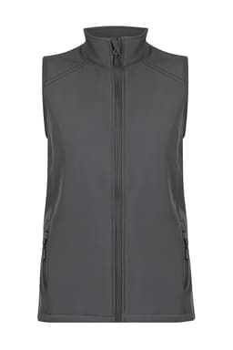 A grey vest featuring a zip front and side pockets, with a fitted design and no sleeves.