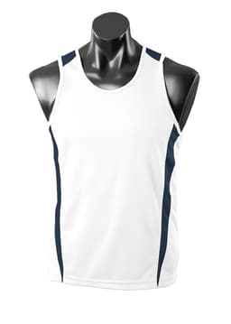 A white singlet featuring navy side panels, displayed on a black mannequin. It has a logo on the front.