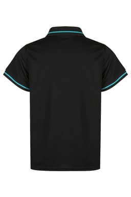 A black polo shirt featuring contrasting teal trim and a collar, with a logo on the back.