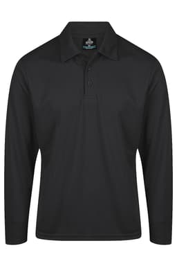 A long-sleeve black polo shirt featuring a collar and a button placket, with a logo present.