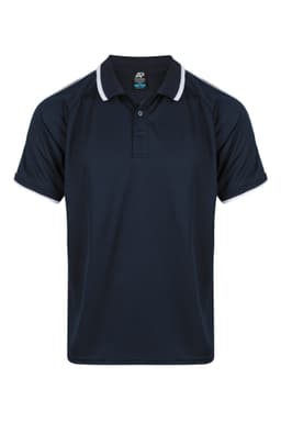 A navy blue men's polo shirt featuring a contrasting white collar and sleeve trim, with a logo on the upper section.