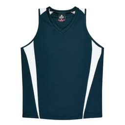 A navy blue singlet featuring white side panels and a v-neck design, with a logo present.