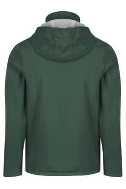 A green jacket with a hood, featuring a clean design and a light-coloured interior. It includes a logo on the back.
