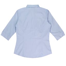 A light blue button-up shirt with 3/4 sleeves and a fitted silhouette, featuring a logo.
