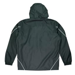 A dark green jacket with a hood and elasticised cuffs, featuring reflective detailing on the sides.