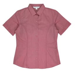 A short-sleeve button-up shirt in a burgundy hue with a fitted design and a collar. Features a logo.