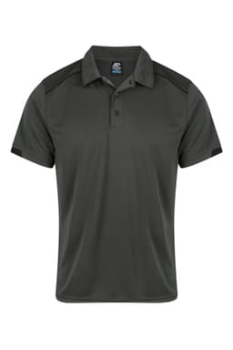 A men's polo shirt in a dark green colour with black accents on the shoulders and sleeves. It features a branded logo.