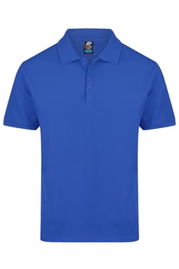 A blue polo shirt featuring a collar, short sleeves, and a three-button placket, with a logo on the label.