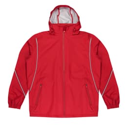 A red jacket with a hood, featuring reflective detailing and two zippered pockets. It has an attached hood.