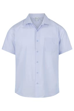 A short-sleeve, light blue button-up shirt with a chest pocket and a logo.