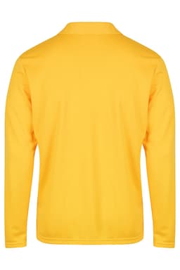 A long-sleeve yellow polo shirt with a collar and a logo on the back.