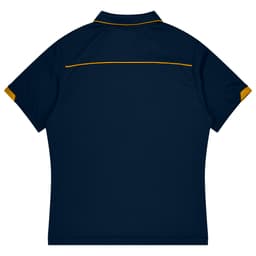 A navy polo shirt with yellow accents and a logo, featuring a classic collar and short sleeves.