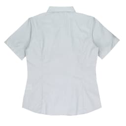 A short sleeve button-up shirt in light grey, featuring a back yoke and a fitted design. It has a logo on the side.