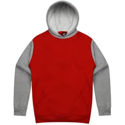 A red hoodie with grey sleeves and a front pocket. The hoodie features a hood and has a logo.