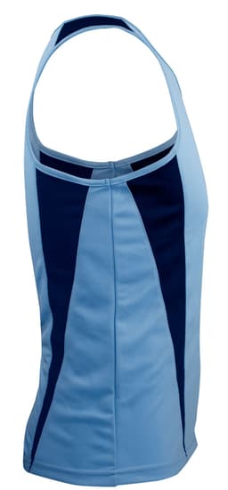 A light blue singlet with navy panel accents, featuring a logo, designed for men.