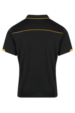 A black polo shirt featuring yellow accents and a logo. The design is simple with a classic collar.