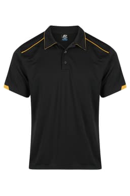 A black polo shirt with yellow accents and a logo on the chest area. Short sleeves and a classic collar design.
