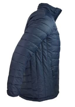 A navy blue jacket with a quilted design and a high collar, featuring a zippered pocket on one side.