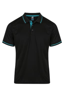 A black polo shirt with teal accents and a collar. It features a logo on the upper side.