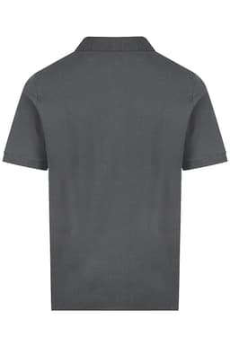 A grey polo shirt with short sleeves and a collar, featuring a logo on the back.