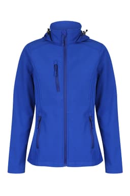 A blue soft shell jacket featuring a hood, zippered pockets, and a fitted design. It includes branding on the fabric.