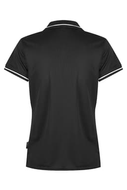 A black polo shirt featuring a classic design with contrasting trim and a logo. Suitable for casual or sport wear.