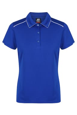 A blue polo shirt with a collar, featuring white piping and buttons, and a logo on the label.
