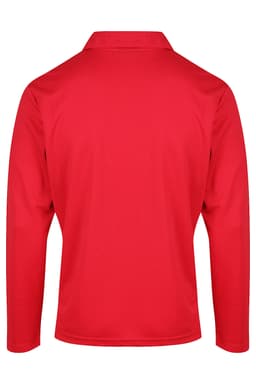 A red long-sleeve polo shirt with a collar, featuring a plain design and a branding logo on the side.