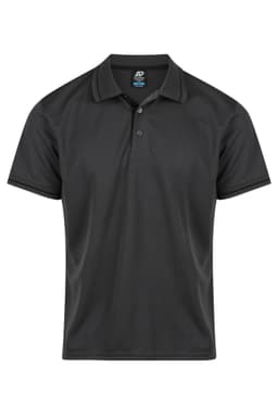A black polo shirt featuring a collar, short sleeves, and a logo on the neckline.