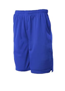 Blue sports shorts with an elastic waistband and pockets, featuring a logo. Ideal for athletic wear.