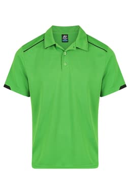 A bright green polo shirt featuring black accents and a logo on the chest area.