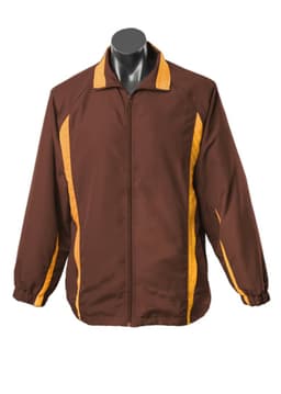 A brown zip-up tracktop with yellow stripes on the shoulders and sides, featuring a logo on the chest.