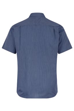 A short sleeve, button-up shirt in a blue, textured fabric, featuring a classic collar and a branded logo.