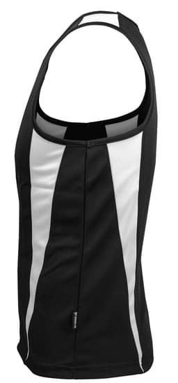 A black and white men's singlet featuring a sporty design and a logo on the side.