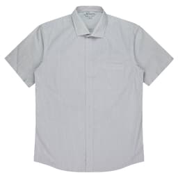 A short-sleeve button-up shirt in light green and white stripes, featuring a chest pocket and a logo.