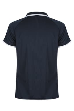 A dark navy polo shirt with a contrasting trim, featuring a simple collar and short sleeves. It has a logo.