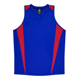 A blue singlet with red accents and a logo on the chest, featuring a v-neck design.