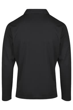 A black polo shirt with long sleeves, featuring a collar and a logo. The back view is displayed.