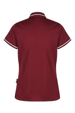 A maroon polo shirt with contrasting stripes on the collar and sleeves, featuring a logo.