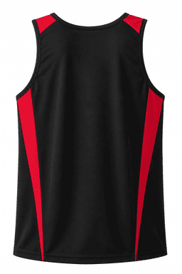 A men's singlet featuring a black body with red side panels and a logo.