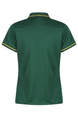 A back view of a green polo shirt with yellow accents and a logo on the upper side.
