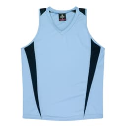 Light blue singlet with black side accents and a v-neck design, featuring a logo on the label.