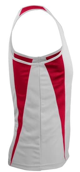 A men's singlet in white with red stripes, featuring a logo on the back.