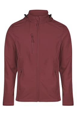 A maroon kids' jacket with a zip front, two side pockets, and a hood. It features a logo on the chest.