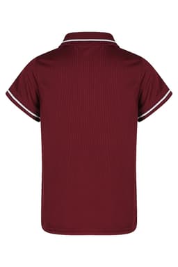 A maroon polo shirt featuring short sleeves and contrasting trims. It has a logo on the chest area.