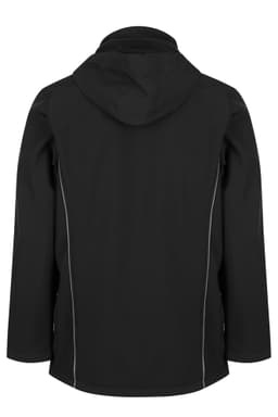 A black soft shell jacket featuring a hood and reflective detailing. The view shows the back of the jacket.
