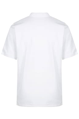 A white polo shirt featuring a collar and short sleeves, with a logo on the chest.