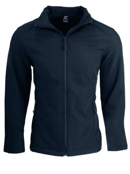 A navy soft shell jacket with a zip closure and pockets, featuring a branded logo.