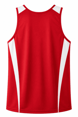A red men's singlet with white detailing on the sides and a logo on the back.